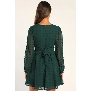 Lulus Always on Repeat Emerald Green Clip Dot Long Sleeve Mini Dress Large NWT thumbnail 4