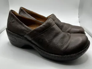 Born Dark Brown Leather Slip On Clogs Wedge Shoes Womens 9.5 41 thumbnail 1