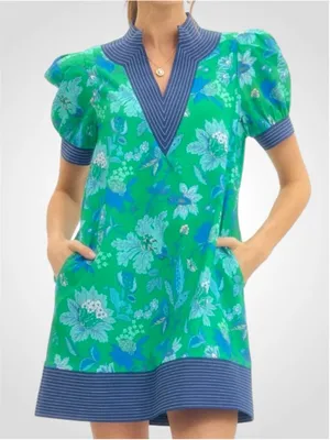 Entro Floral Print Band Contrast Mini Dress in Green/Navy Size S thumbnail 1