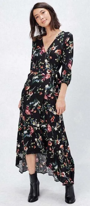Lovestitch Hi-Low Wrap Maxi Dress High Low Ruffle Floral‎ Black Red Medium thumbnail 1