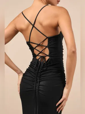 Lulus Elese Black Slinky Knit Lace-Up Mermaid Maxi Dress Size Large NWT Formal thumbnail 3