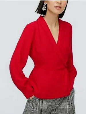 J. Crew Red Faux Wrap Blouse‎ Peplum Long Sleeve Top Small Holiday Career Office thumbnail 1