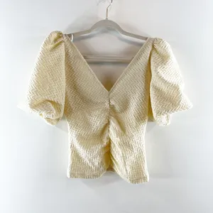 Free People Cupcake Ruched Textured Jersey Puff Sleeve V-Neck Blouse Ivory XS thumbnail 5