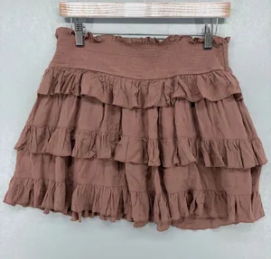 Love Tree‎ Tiered Mini Skirt Womens Large Mauve Brown Smocked Ruffle Boho thumbnail 1