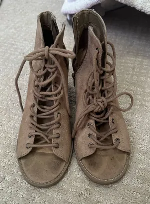 Neutral Suede Lace-Up Peep Toe Booties | Block Heel | Size 8 thumbnail 1