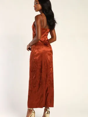 Lulu's Rust Orange Under the Moonlight Satin Jacquard Maxi Slip Dress Medium thumbnail 4