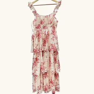 Altar'd State Floral Tiered Midi Dress Women's L Ivory Red Ruffle NWT thumbnail 3