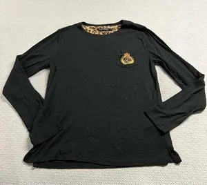 Lauren Ralph Lauren Womens Pajama Top Black Animal Print 2044 Embroidery Medium thumbnail 1