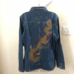 Unique 2000s Y2K Navy blue Embroidered jean denim fitted jacket floral leaf design #boho #hippie #indie #western Excellent condition, measurements in pics 100% cotton thumbnail 3