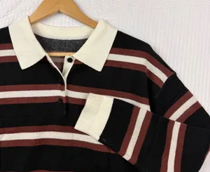 Tankaneo Women Black Brown Striped Long Sleeve Polo Knit Sweater M7D849 Size S thumbnail 1
