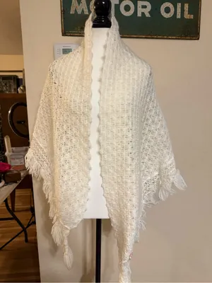 Vintage Acrylic Made In Japan Crochet Open Weave White Poncho Fringe Boho Large thumbnail 1