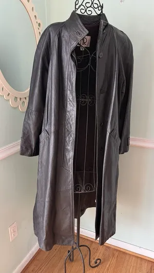LNR S Small Black Genuine Leather‎ Long Maxi Trench Coat Women steam punk VTG thumbnail 1