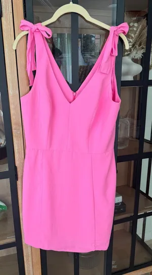 Amanda Uprichard Allora Dress shocking pink bows barbiecore mini vneck cocktail thumbnail 1
