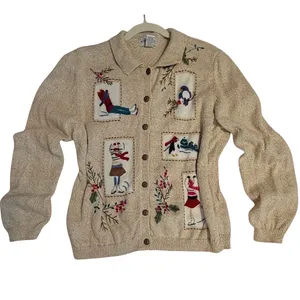 Alfred Dunner Vintage Winter Embroidered Cardigan Sweater Tan XL Ramie Cotton thumbnail 2