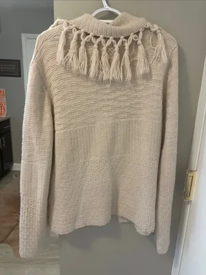 Vintage Coldwater Creek Western Boho Cardigan Sweater Tassels Cream Large L thumbnail 7