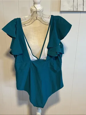Teal Ruffle Sleeve V-Neck One-Piece Swimsuit thumbnail 2