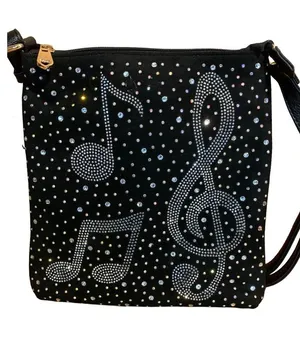 Musical Themed Rhinestone Embellished Black Faux Leather Crossbody Bag thumbnail 1