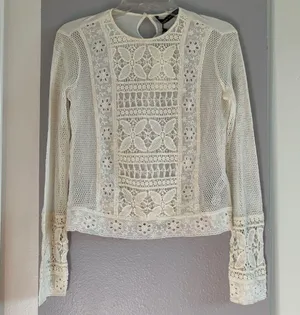 Zara White Cream Netted Long Sleeve Top thumbnail 1