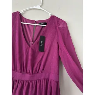 Lulus New Purple Magenta Metallic Sheer Long Sleeve Mini Dress Size Medium Party thumbnail 5