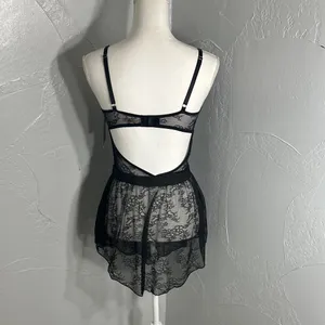 Roma Black Sheer Lace Babydoll Chemise with Plunge Cups thumbnail 5
