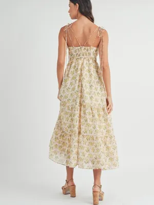 Floral print double self tie spaghetti strap tiered midi dress. Medium thumbnail 5