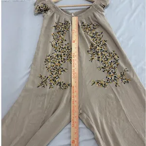 Free People Embroidered Wide Leg Jumpsuit Taupe Beige Boho Smocked Small thumbnail 5