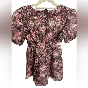 Altar’d State Maroon Floral Embroidered Puff Sleeve girly Keyhole front Dress thumbnail 2