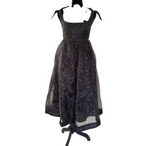NWT Whimsigoth Floral Organza Midi Dress Black Rose Tie Shoulder‎ Smocked XS thumbnail 4