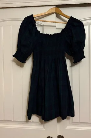 Hill House Home The Nap Dress XS Xtra Small Navy Blue and Green Plaid Smocked thumbnail 1