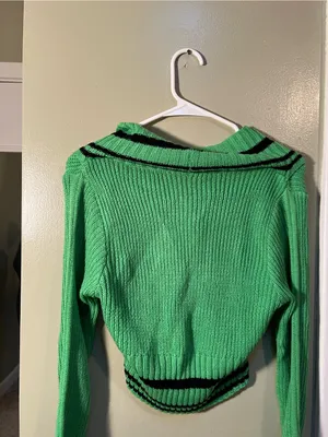 Women’s Size XL V-Neck Cut Out Sweater Green Black Stripes Ribbed Long Sleeve thumbnail 6