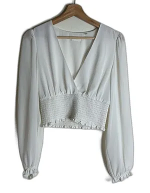 Wilfred Wistful white Blouse - Aritzia V neck‎ sheer sleeves smocked bodice M thumbnail 1