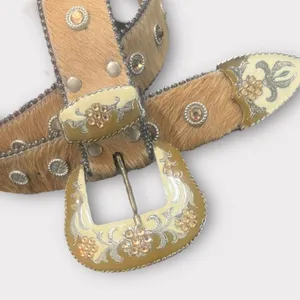 Western Style Tan Cow Hide and Silver Leather Belt with Decorative Buckle thumbnail 1