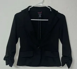 Small black notch blazer one button 3/4 ruched sleeves blazer jacket faux pocket thumbnail 1