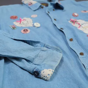 Vintage Chaps Ralph Lauren Denim Shirt XL Custom Handmade Lace Cottagecore‎ DIY thumbnail 4
