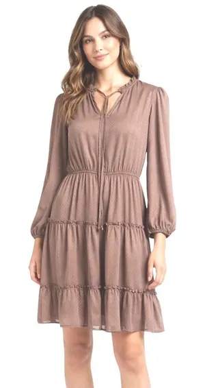 Blu Pepper Dress Jrs Size Large Brown Dotted‎ Tiered Ruffle Long Sleeve V Neck thumbnail 1