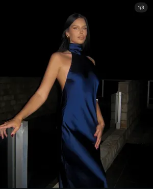 Zara maxi dress satin slip gown Elegant blue Halter formal party wedding prom thumbnail 8
