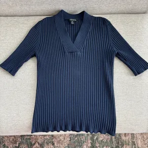 George Ribbed Knit V Neck Top L Dark Blue Short Sleeve Office Chic Fall Capsule thumbnail 6