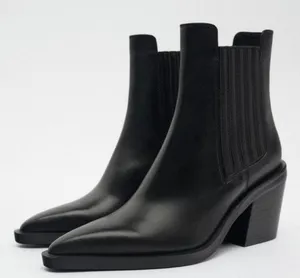 ZARA genuine leather cowboy western black ankle boots thumbnail 1