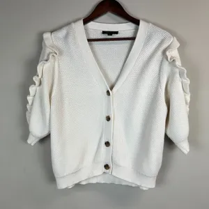 Ann Taylor Cardigan Sweater Womens XL Ivory 3/4 Ruffle Sleeve Button Chunky Knit thumbnail 1