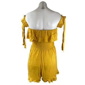 NEW Lulus Yellow Ruffle Smocked Off the Shoulder Wide Leg Romper Jumpsuit Size M thumbnail 2