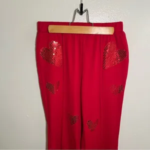 Women's Pull On Pant Red Sequin Hearts Slit Hem Back Stretch Mid thumbnail 2