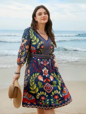 BloomChic Blue Floral Boho Dress V-Neck 3/4 Sleeve Midi Size 10 thumbnail 7