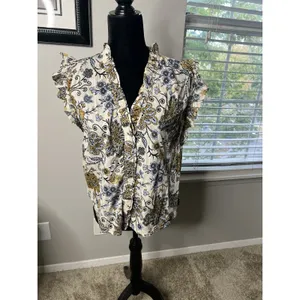 Elan Floral Ruffle‎ Trim Sleeveless Top Blouse Size Medium Cotton thumbnail 2