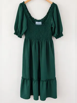 Hill House Louisa Nap Dress Emerald Green Smocked Puff Sleeve Midi Large Cottage thumbnail 7