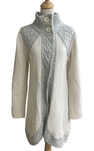 prAna Angelica Women Cream Grey Cable Knit Mock Neck Cardigan Sweater‎ Sz small thumbnail 1