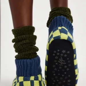 NWT Free People Sleepover Bootie Slippers checker blue/yellow, faux fur interior thumbnail 2