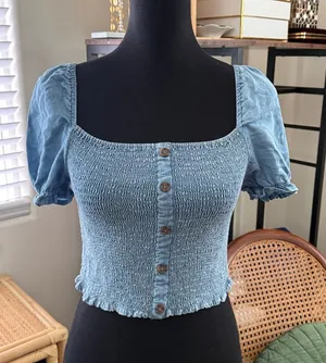 NWT Love Tree Blue Chambray Tencel Smocked Short Sleeve Boho Milk Maid Top thumbnail 1
