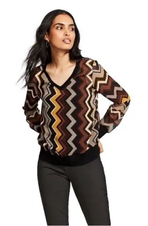 Missoni for Target Zig Zag Brown/Black Pullover V-neck Sheer Blouse Size Medium thumbnail 1