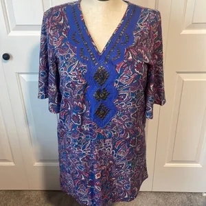 Francesca’s Ayla Blue Pink Paisley Dress Studs VNeckline 3/4” Sleeve Size Medium thumbnail 3