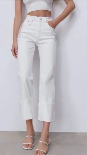 Zara Women’s White Jeans Sz 12 High Rise Wide Leg Cuffed Crop Hem thumbnail 1